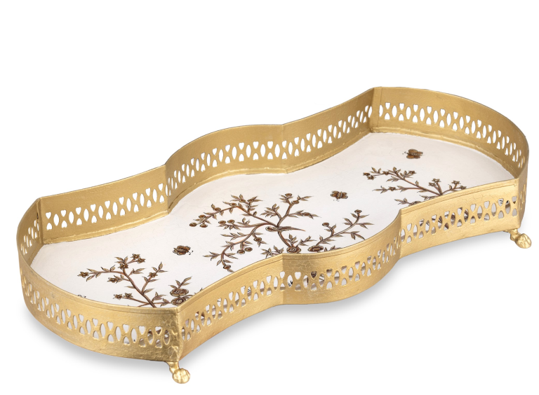 Hand-Painted Chinoiserie Metal Vanity Tray – Decorative Jewelry & Dresser Organizer