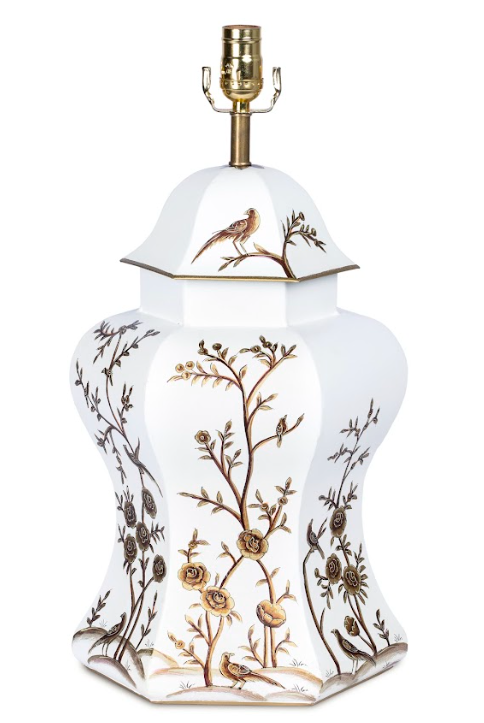 Ivory & Gold Scalloped Hexagon Lamp | Hand-Painted Chinoiserie Table Lamp