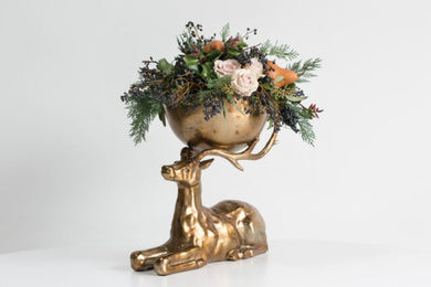 Regal Resting Stag Sculpture with Decorative Vessel – Antique Gold