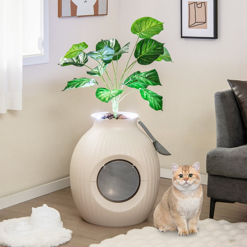 Smart Plant-Style Cat Litter Box with Electronic Odor Control and Lighting – Beige