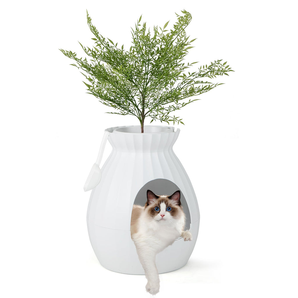 Smart Plant-Style Cat Litter Box with Electronic Odor Control and Sterilization – White