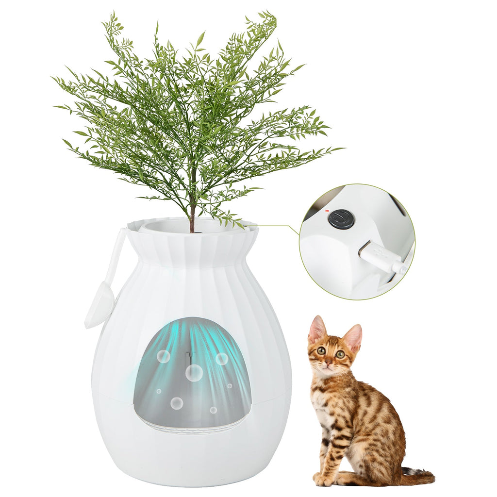 Smart Plant-Style Cat Litter Box with Electronic Odor Control and Sterilization – White