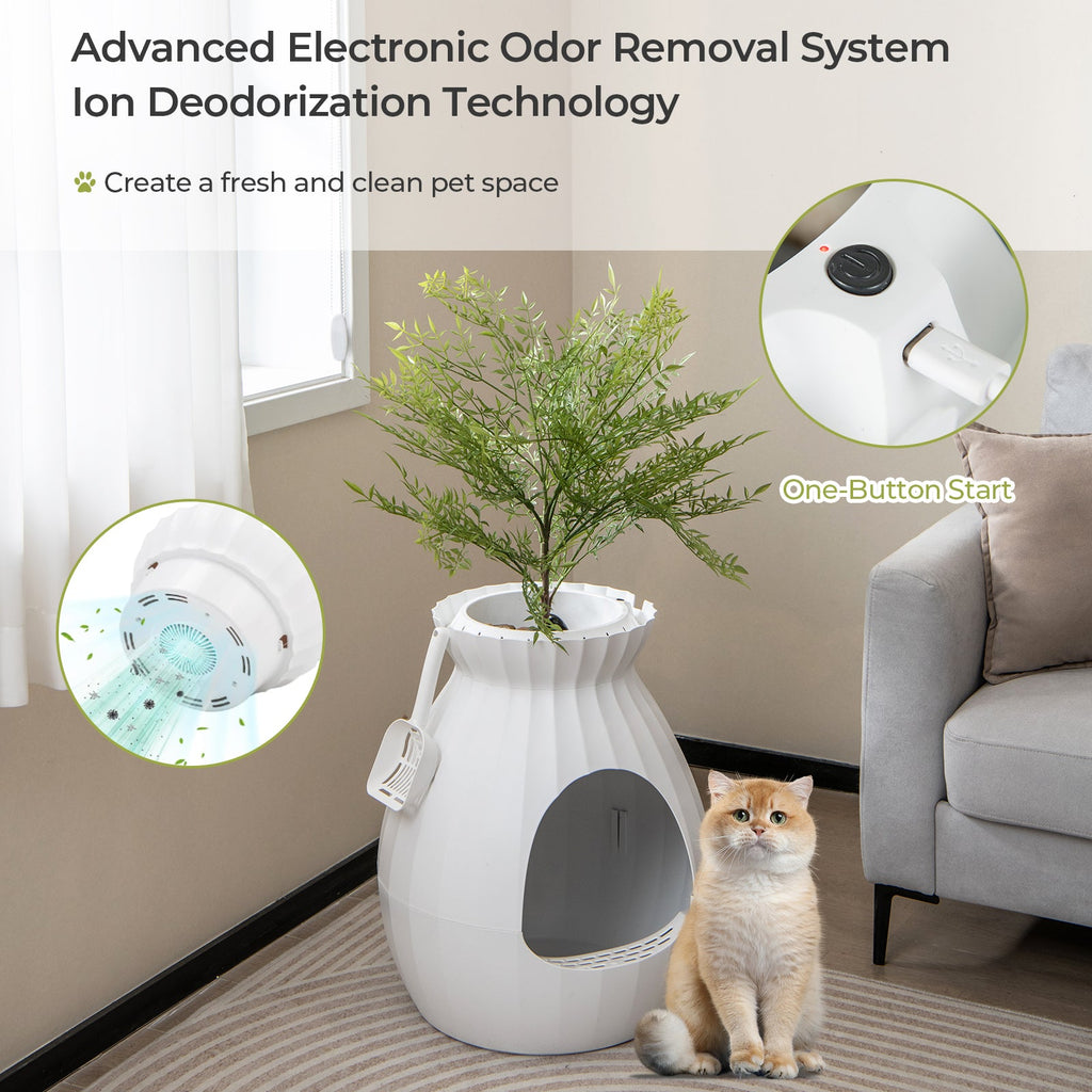 Smart Plant-Style Cat Litter Box with Electronic Odor Control and Sterilization – White