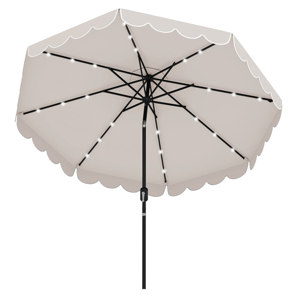 9.3-Foot Solar Patio Umbrella with 24 LED Lights and Ruffled Canopy – Beige