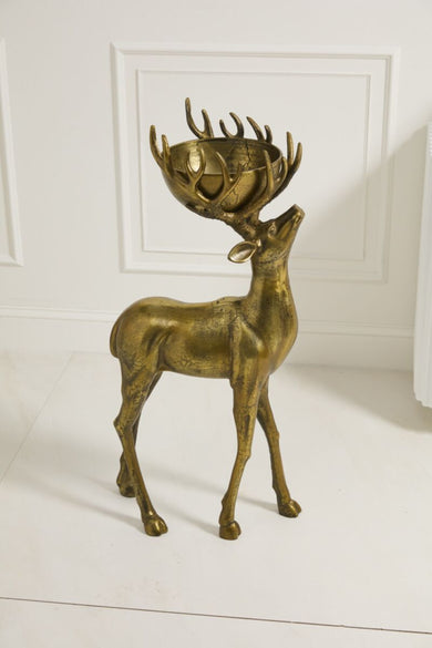 Majestic Standing Stag Sculpture with Decorative Vessel – Antique Gold