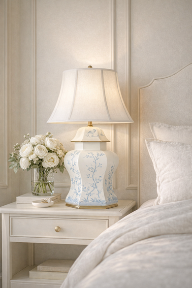 Ivory & Blue Scalloped Hexagon Lamp | Hand-Painted Chinoiserie Table Lamp