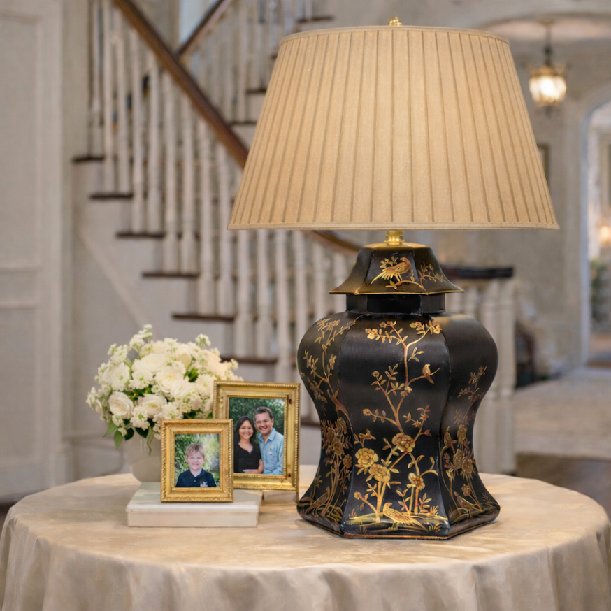 Black & Gold Scalloped Hexagon Lamp | Hand-Painted Chinoiserie Table Lamp