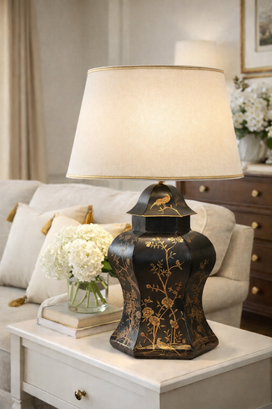 Black & Gold Scalloped Hexagon Lamp | Hand-Painted Chinoiserie Table Lamp