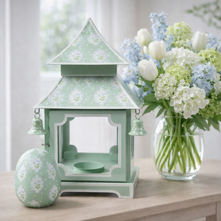 Sage Green & White Tulip Pagoda Lantern (3 Sizes) | Floral Chinoiserie Accent  Meta Description: