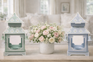 Sage Green & White Tulip Pagoda Lantern (3 Sizes) | Floral Chinoiserie Accent  Meta Description: