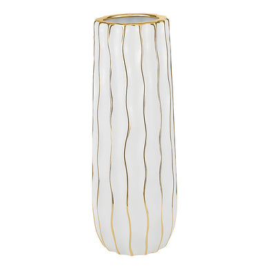 Tall White Porcelain Vase with Gold Wavy Design
