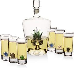 Tequila Decanter Set with Hand-Blown Agave Design and 6 Matching Agave Glasses