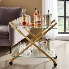 Gold & Glass Rolling Bar Cart – Two-Tier Modern Drink Trolley with Wheels