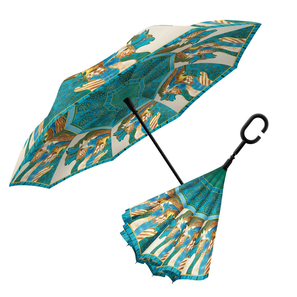Laurel Burch Sky Mares Reverse Inverted Umbrella – Hands-Free, Windproof - Earlier Design