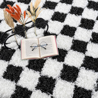 Atira Black White Checkered Area Rug – Modern Patterned Washable Carpet