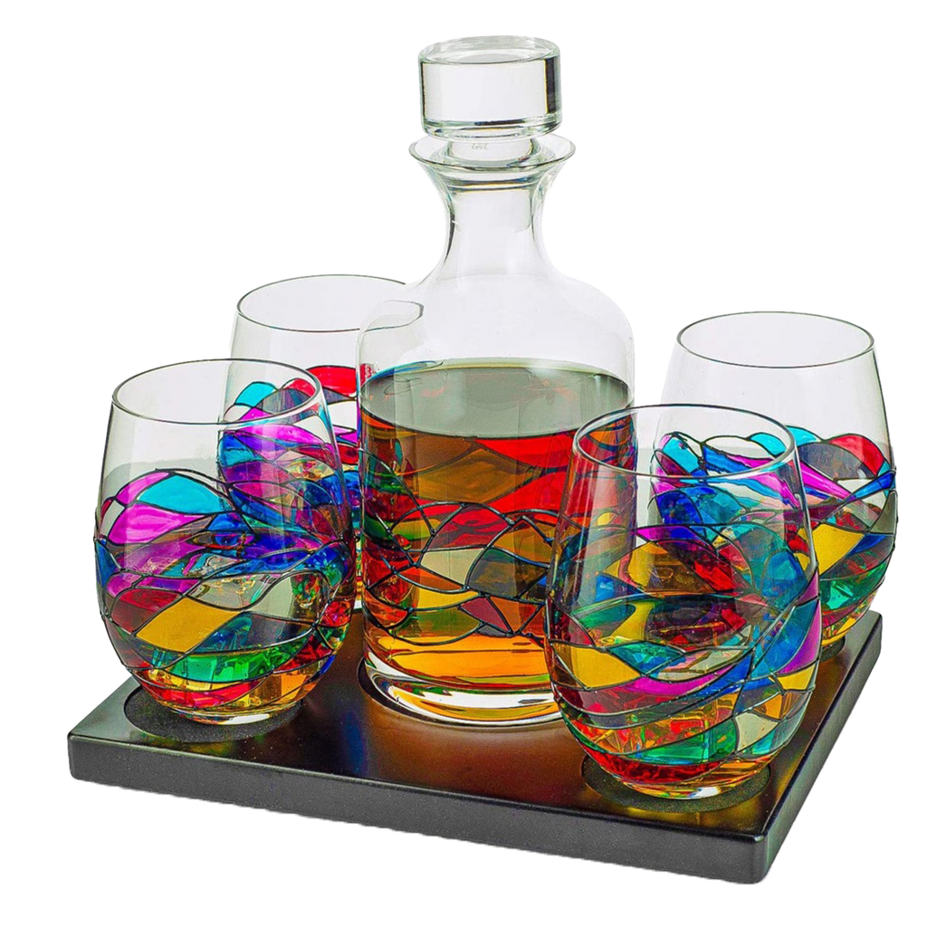 Artisanal Barcelona Hand-Painted Decanter Set | Renaissance Stained-Glass Collection