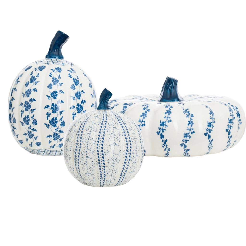 Blue & White Hand-Painted Porcelain Pumpkin Trio – Set of 3
