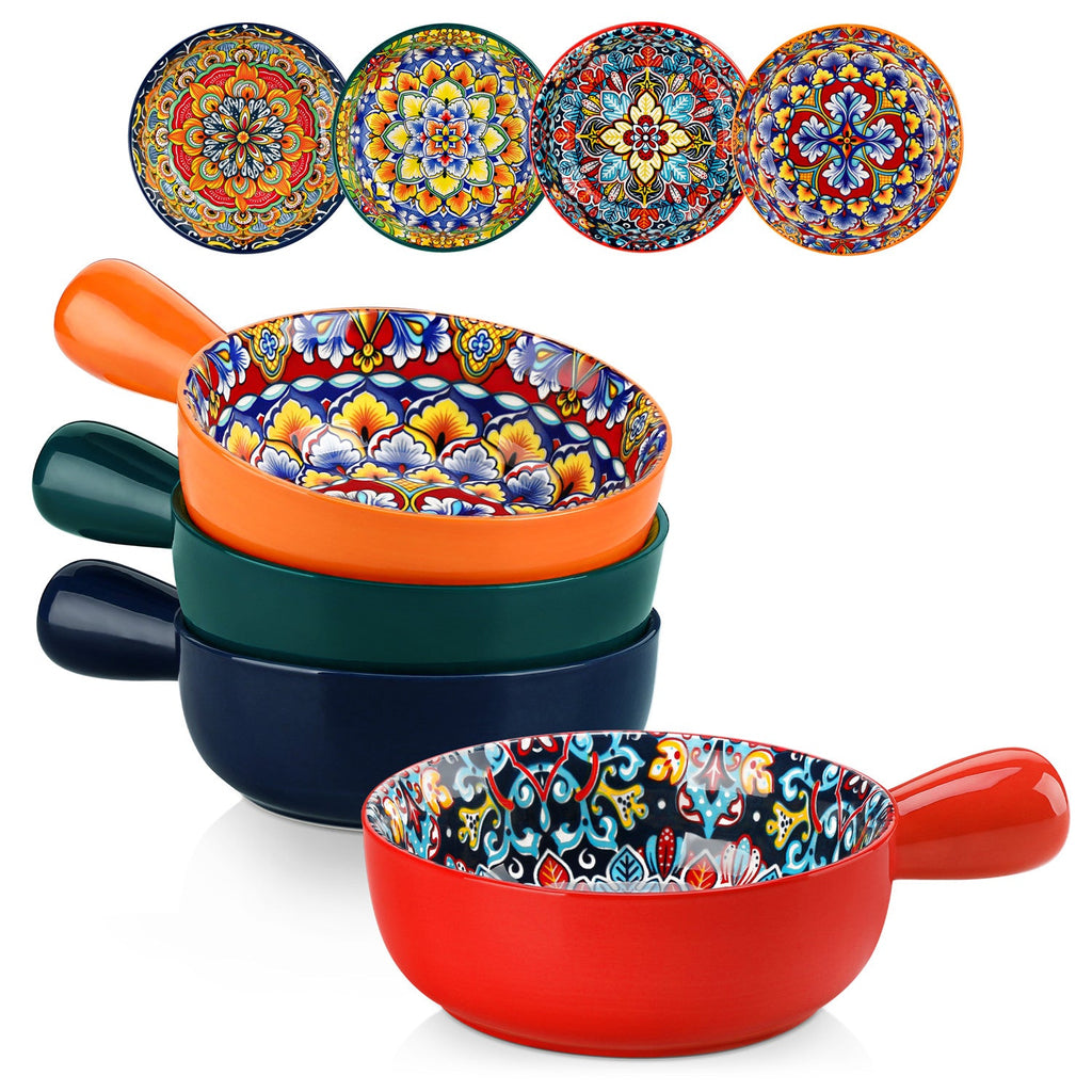 Simi Soup Bowls with Handles Set of 4 – 23oz Bohemian Porcelain Bowls