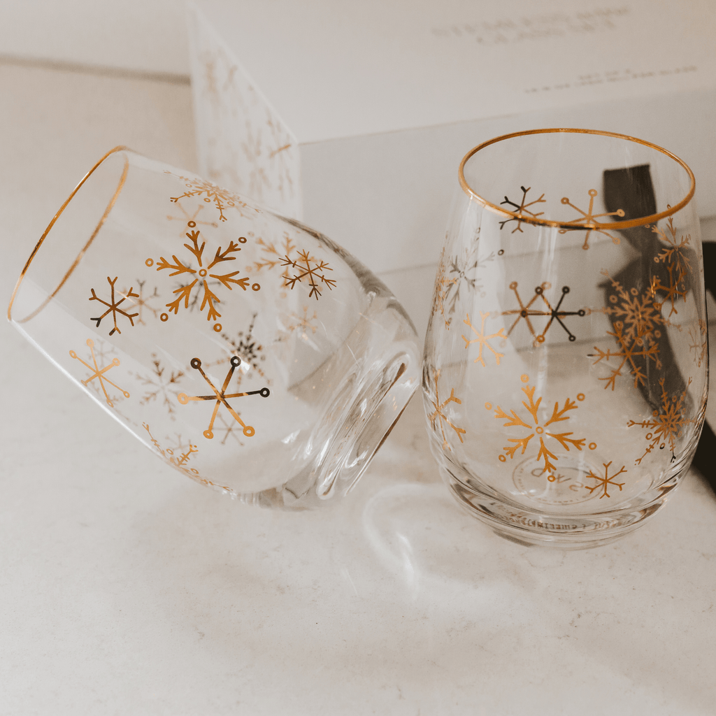 Gold Snowflake Stemless Wine Glasses – Boxed Set of 2