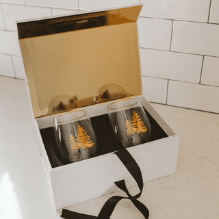 Gold Pine Trees Stemless Wine Glasses – Boxed Set of 2