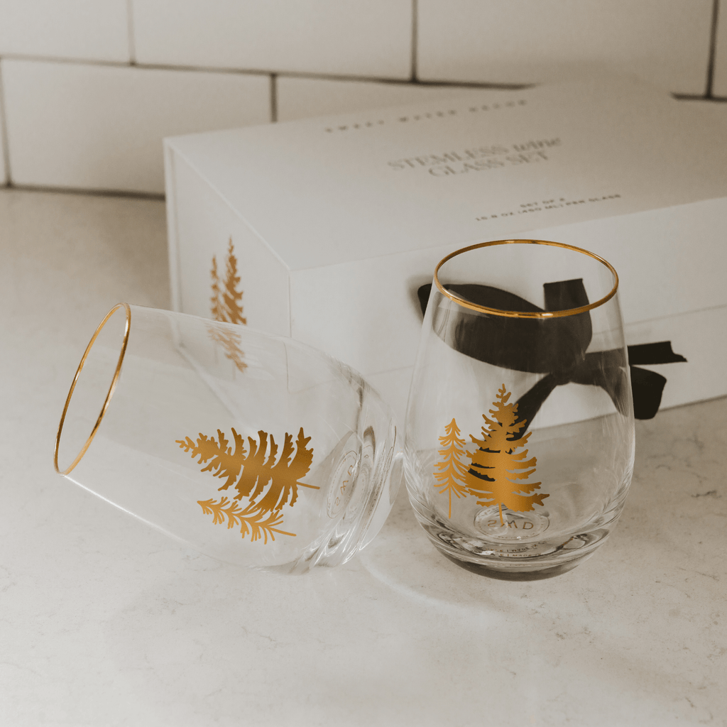 Gold Pine Trees Stemless Wine Glasses – Boxed Set of 2