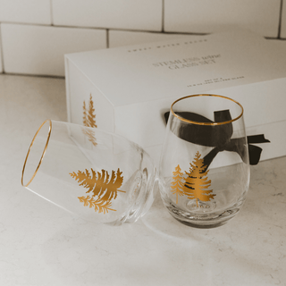 Gold Pine Trees Stemless Wine Glasses – Boxed Set of 2