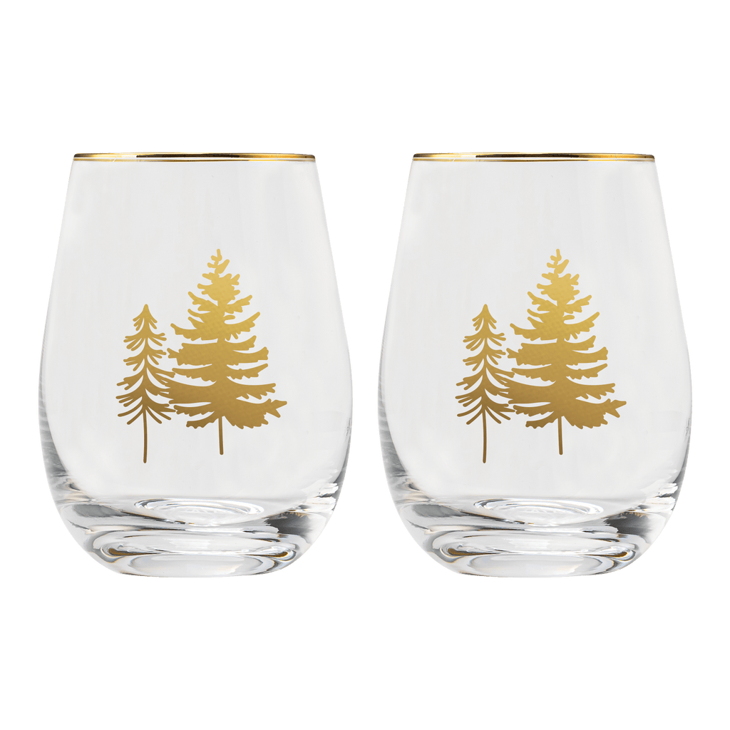 Gold Pine Trees Stemless Wine Glasses – Boxed Set of 2