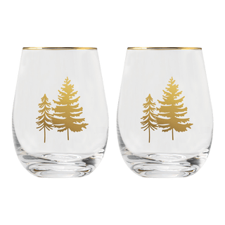 Gold Pine Trees Stemless Wine Glasses – Boxed Set of 2