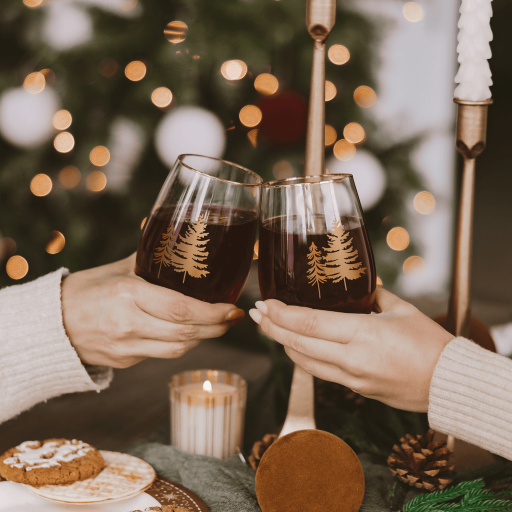 Gold Pine Trees Stemless Wine Glasses – Boxed Set of 2