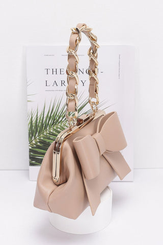 Faux Leather Ribbon Clutch with Chain Handle – Evening Party Bag