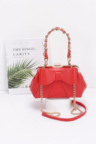 Faux Leather Ribbon Clutch with Chain Handle – Evening Party Bag
