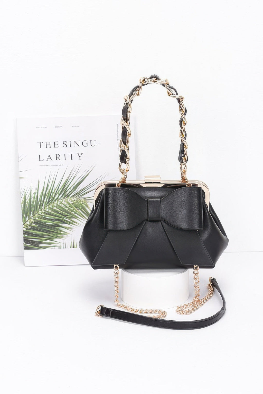 Faux Leather Ribbon Clutch with Chain Handle – Evening Party Bag