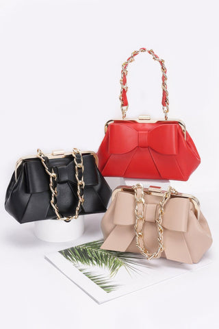 Faux Leather Ribbon Clutch with Chain Handle – Evening Party Bag