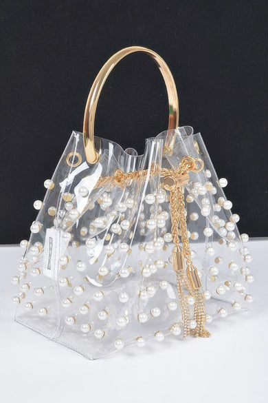 Clear Pearl Stud Bucket Bag with Chain Tassel – Gold or Silver