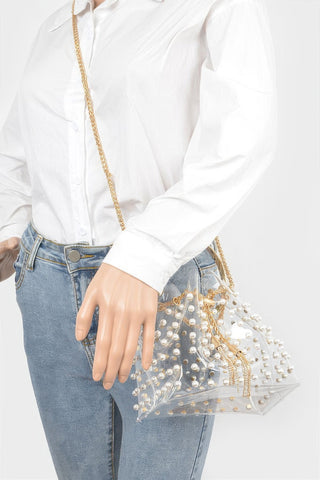 Clear Pearl Stud Bucket Bag with Chain Tassel – Gold or Silver