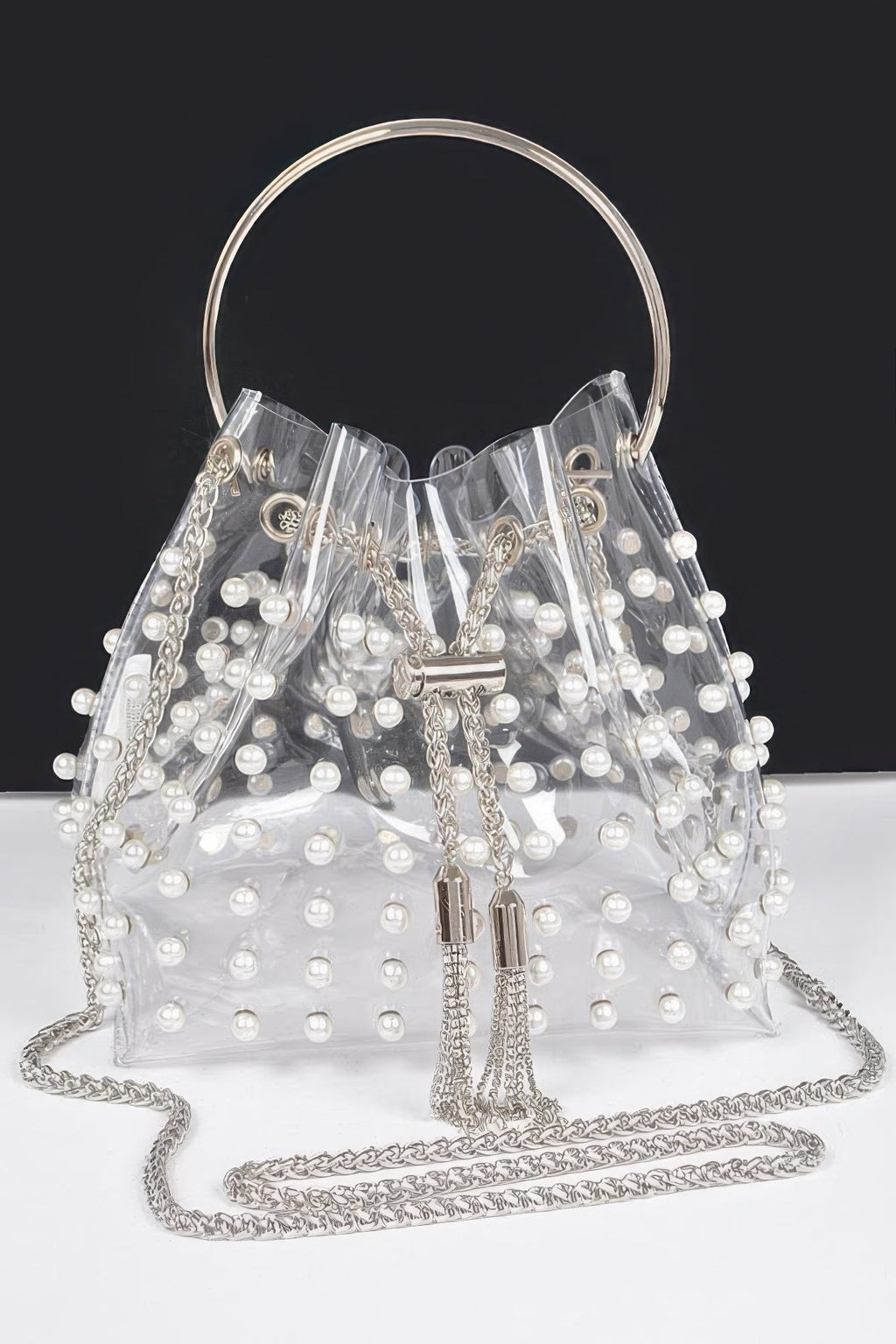 Clear Pearl Stud Bucket Bag with Chain Tassel – Gold or Silver