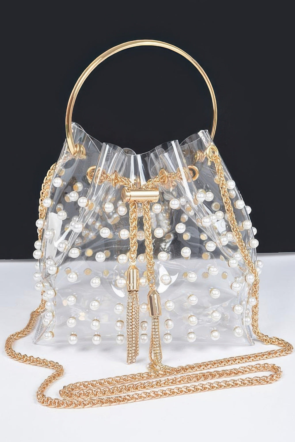 Clear Pearl Stud Bucket Bag with Chain Tassel – Gold or Silver