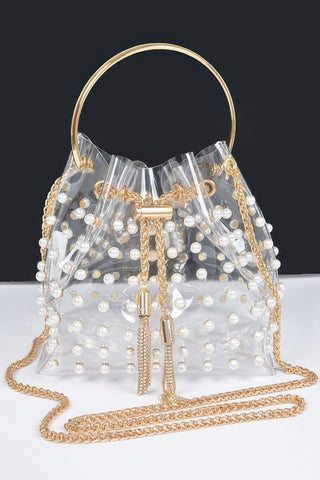 Clear Pearl Stud Bucket Bag with Chain Tassel – Gold or Silver