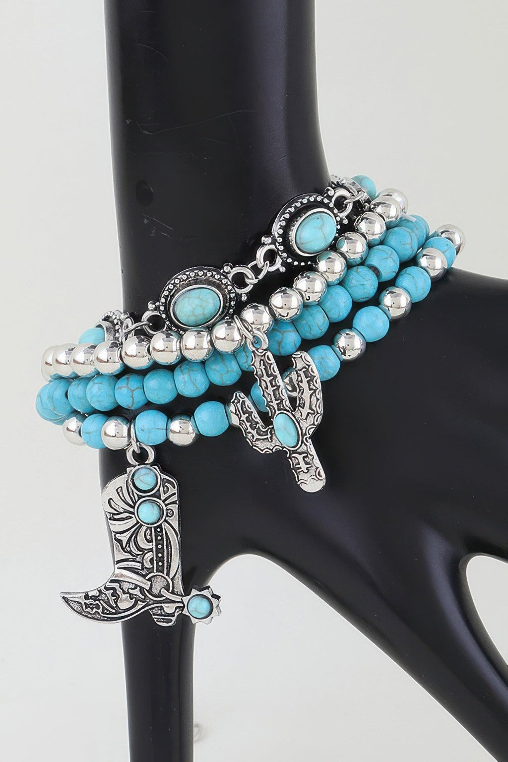 Western Cowboy Boot & Cactus Beaded Charm Bracelet