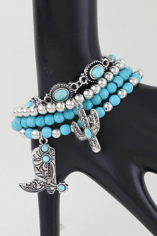 Western Cowboy Boot & Cactus Beaded Charm Bracelet