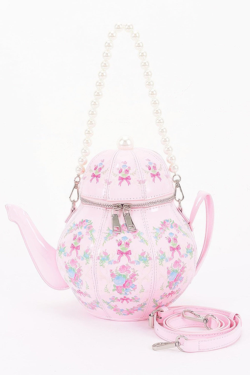 Floral Teapot Novelty Bag with Pearl-Inspired Handle