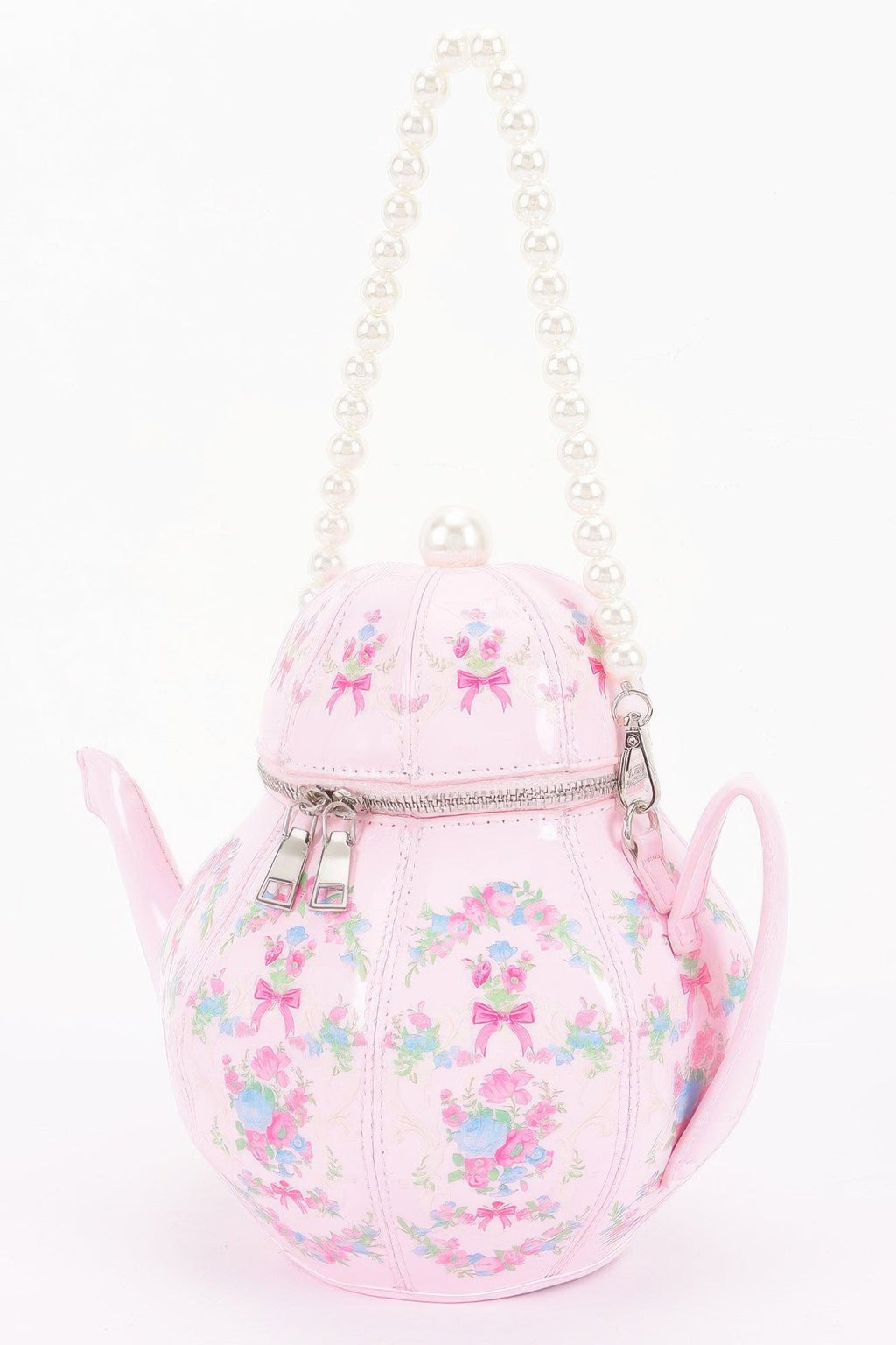 Floral Teapot Novelty Bag with Pearl-Inspired Handle