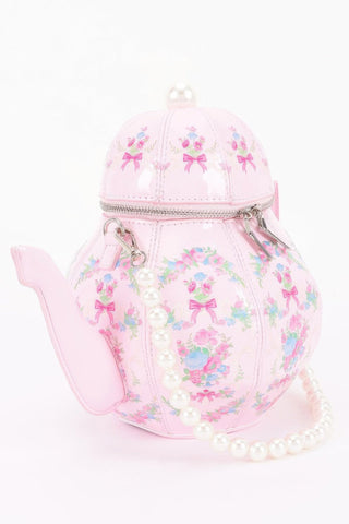 Floral Teapot Novelty Bag with Pearl-Inspired Handle