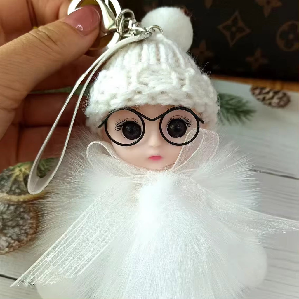 Cute Plush 3D Sleeping Baby Dolls Keychain Bag Charms with Fox Fur Pompoms