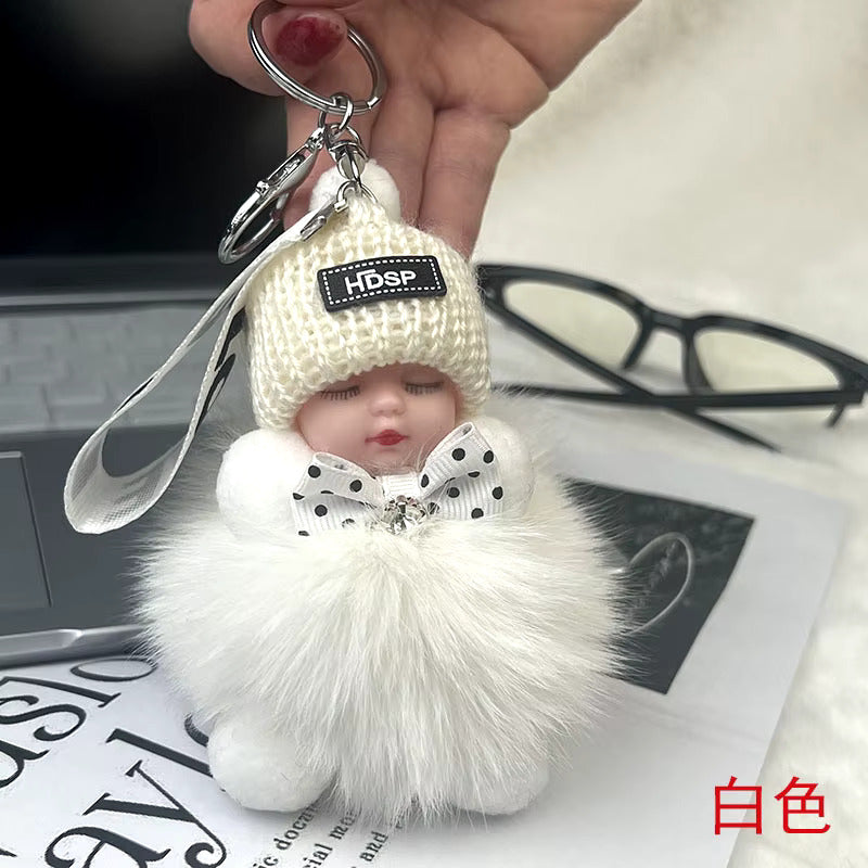 New Style Real Fox Fur Ball Pendant with Cute Sleeping Doll and Bowtie