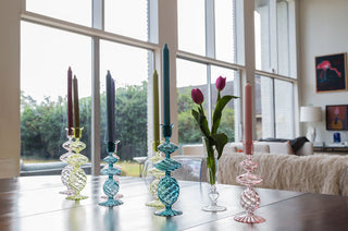 Green Swirl Glass Candlestick, Medium/Large, Set of 2