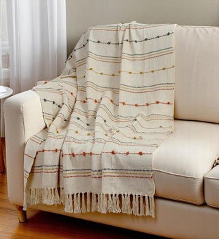 Hand Woven Cream Throw Blanket with Tassels – Boho Cotton Decor
