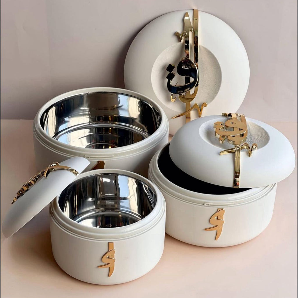 Liqa’a Food Thermos & Warm Serve Set (3-Piece) – Pearl White & Gold