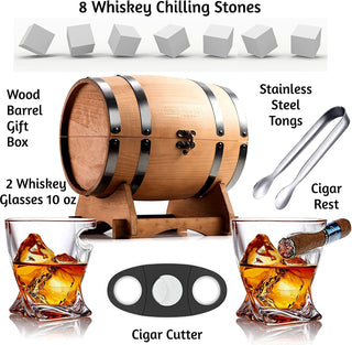 Whiskey Glasses and Accessories in Whiskey Barrel Gift Box