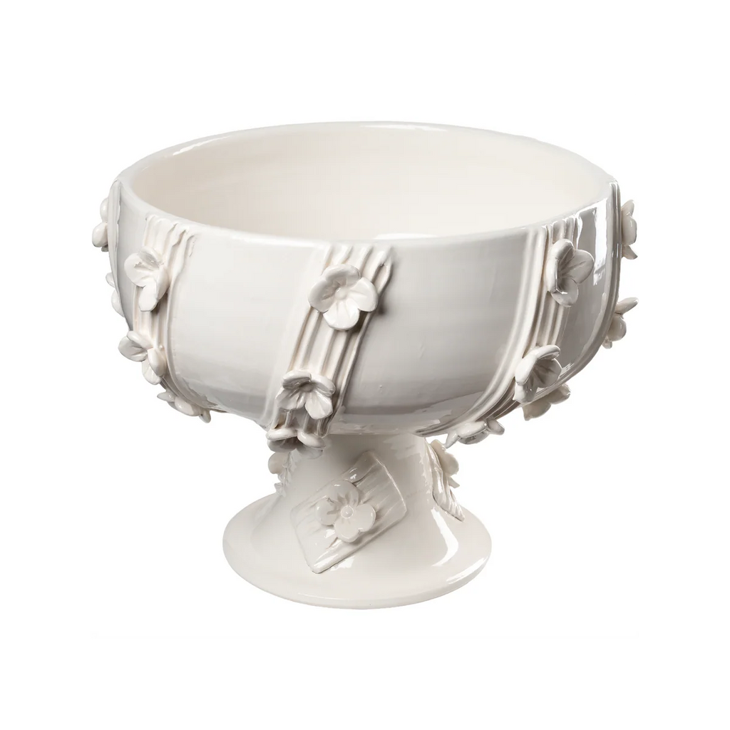 White Footed Compote with Wildflowers – Handmade Italian Floral Ceramic Centerpiece Bowl